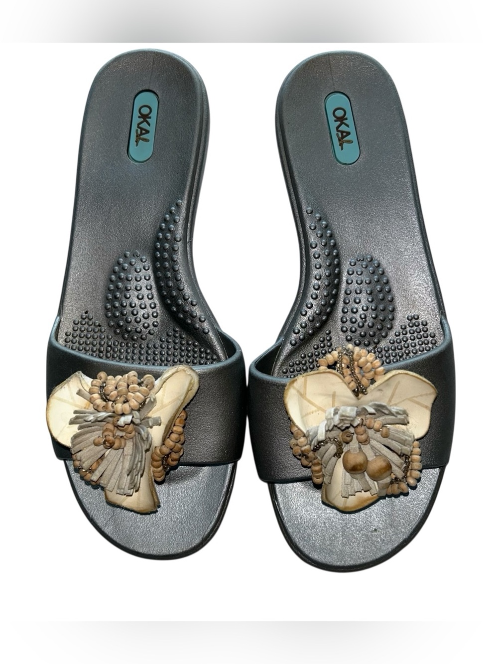 OKA B Floral Beaded‎ Slide Sandals Silver with Natural Accents Medium 7-8